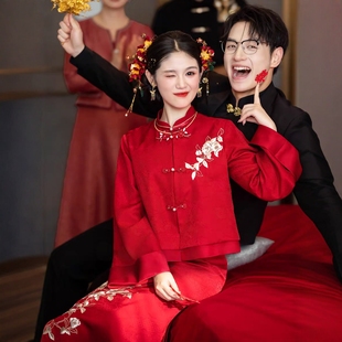 新娘旗袍两件套显白回门答谢便装 海棠记高端长袖 订婚礼服裙新中式