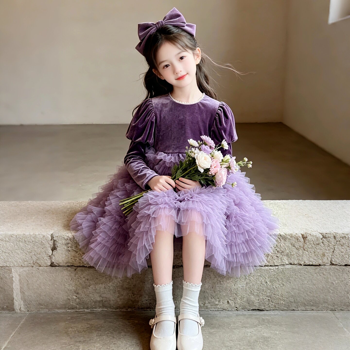 女童连衣裙秋冬洋气小女孩蓬蓬蛋糕裙儿童高端丝绒紫色生日公主裙
