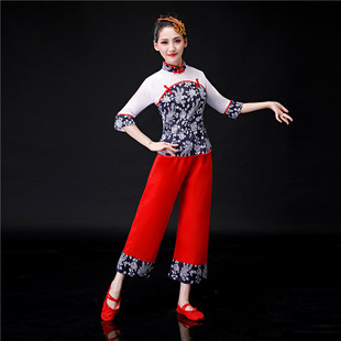 2024秧歌舞蹈服装演出服表演喜庆广场舞斗笠舞采茶村姑衣服女碎花