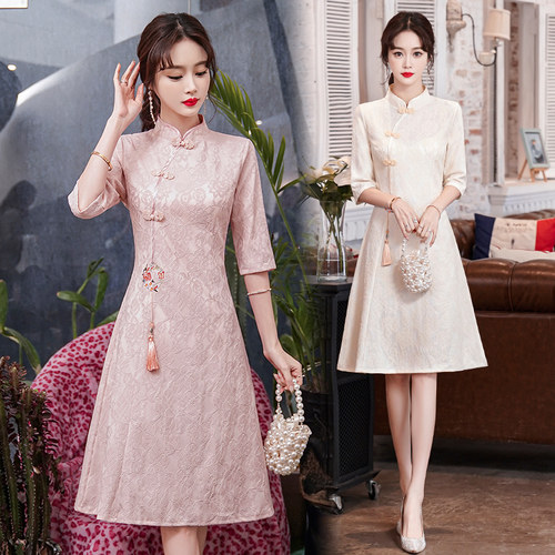 中国风旗袍绣花蕾丝连衣裙女礼服