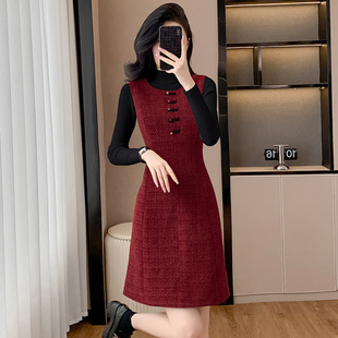 一整套 国风红色马甲裙针织衫 小香风毛呢背心裙套装 女2025秋冬新款
