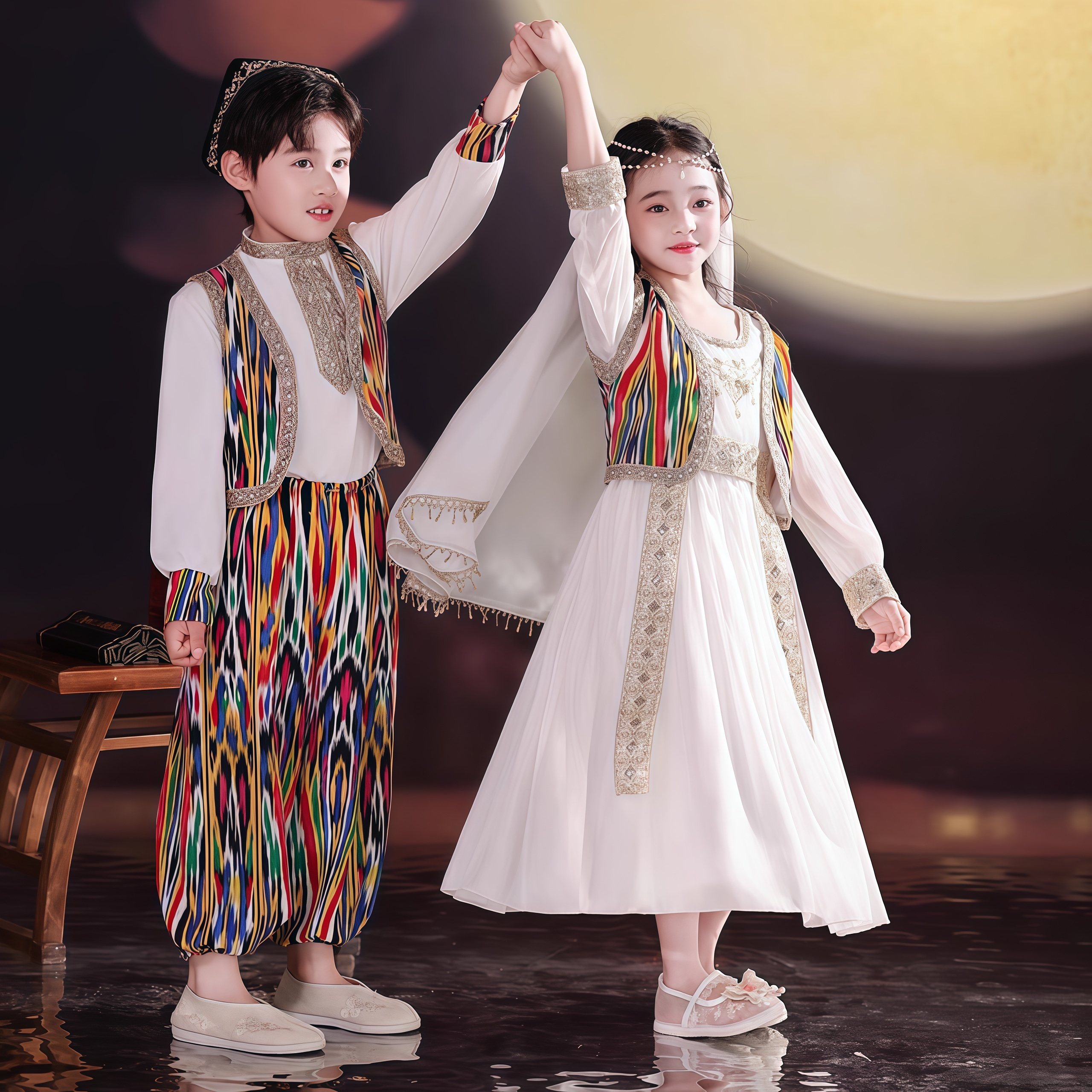新疆异域风情演出服装男女童长袖汉服连衣裙表演服少数民族舞蹈服