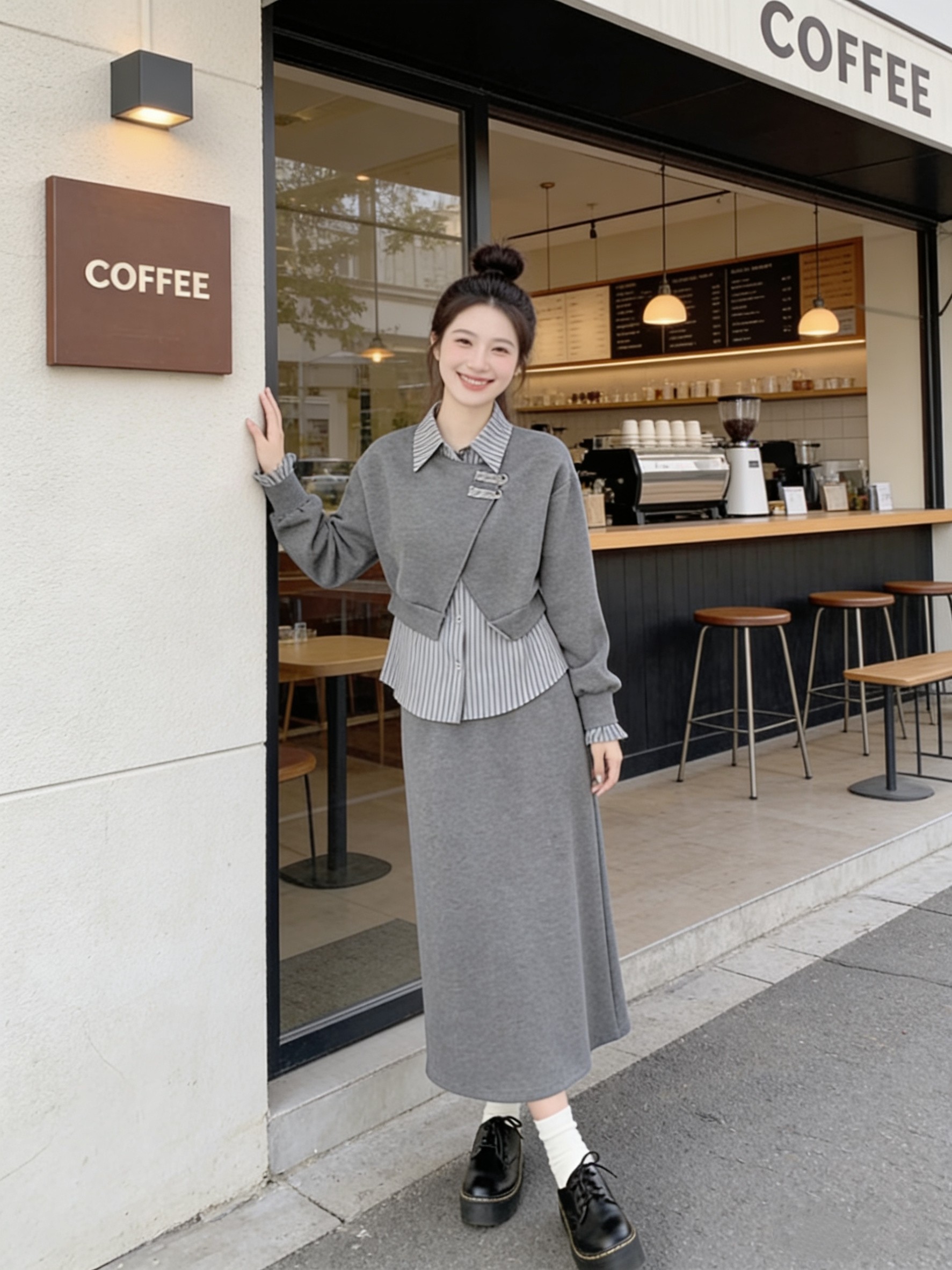 小慧小码女装150小个子xs码韩系设计感假两件卫衣半身裙两件套装