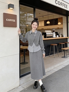 小慧小码女装150小个子xs码韩系设计感假两件卫衣半身裙两件套装