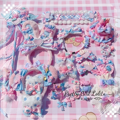 taobao agent Pink blue sweet Lolita hair accessories sweet mother hair with KC bear ear emblem, holding hands sleeve hat, cream sugar sweet heart lo