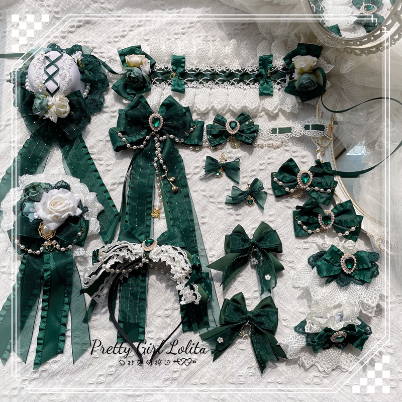 原创洛丽塔茶会发饰套装墨绿色