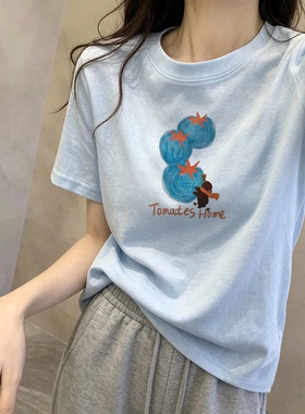 韩系宽松显瘦蓝色圆领上衣服女夏季设计感小众雪花棉短袖正肩T恤