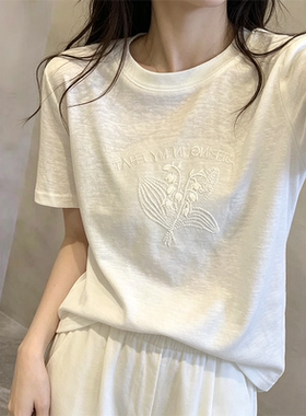 设计感白色刺绣正肩短袖T恤女夏季新款韩系宽松休闲显瘦半袖上衣