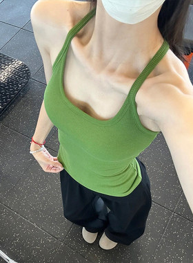绿色修身辣妹吊带背心女带胸垫夏季外穿美背打底运动瑜伽无袖上衣