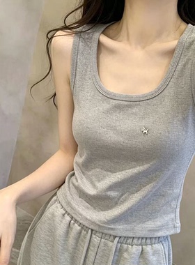 灰色螺纹工字背心吊带女夏外穿U领修身显瘦短款无袖打底内搭上衣