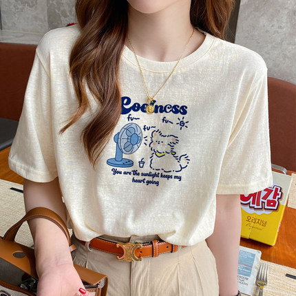 韩系宽松显瘦遮肉半袖印花上衣女夏季正肩设计感小众绝美短袖T恤