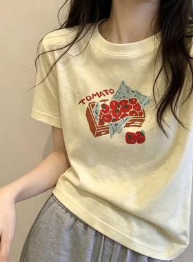 韩系黄色宽松休闲显瘦半袖上衣女夏季设计感绝美印花短袖正肩T恤