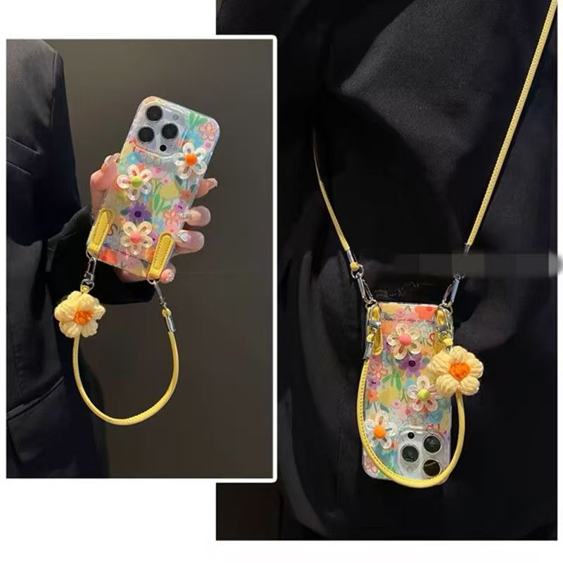 韩系花朵斜跨绳适用苹果16promax手机壳iPhone16Pro新款14Plus斜挎绳女13mini硅胶11/12防摔7/6s保护套XS