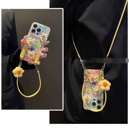 韩系花朵斜跨绳适用苹果16promax手机壳iPhone16Pro新款14Plus斜挎绳女13mini硅胶11/12防摔7/6s保护套XS