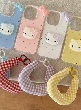 彩波点立体KT猫适用苹果16ProMax手机壳iPhone16Pro新款14Plus斜挎绳女13mini硅胶11/12防摔7/6s保护套XS