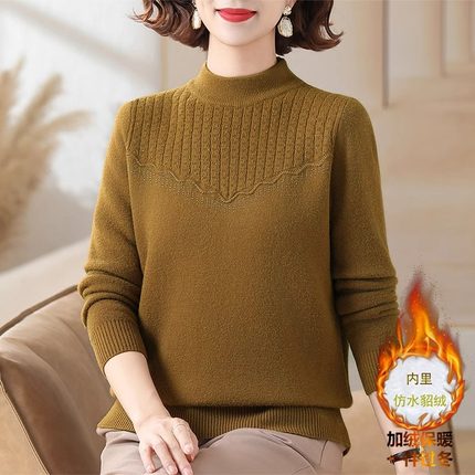中老年女冬装加绒加厚毛衣妈妈秋冬水貂绒打底衫一体绒保暖上衣服