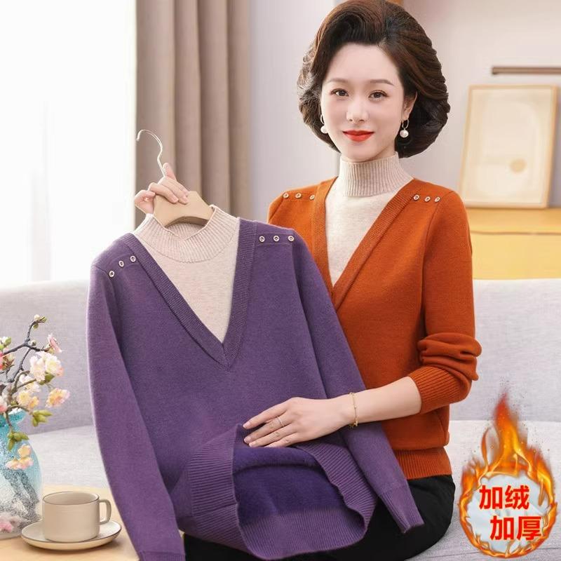 妈妈装秋冬加厚一体绒毛衣中老年