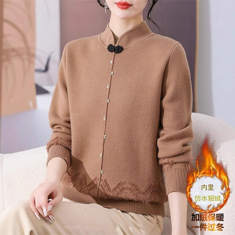 新中式妈妈冬装加绒毛衣中老年