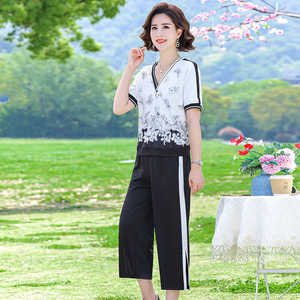 妈妈夏装休闲薄款雪纺套装中年女洋气印花运动服中老年时尚两件套