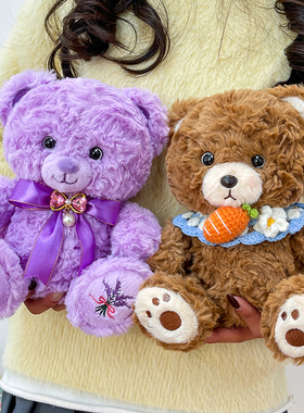 正版可爱围兜薰衣草小熊紫色泰迪熊公仔柔软抱枕毛绒玩具礼物女生