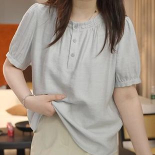 高级感气质减龄小衫 圆领短袖 妈妈装 衬衫 宽松显瘦休闲上衣 女士夏季
