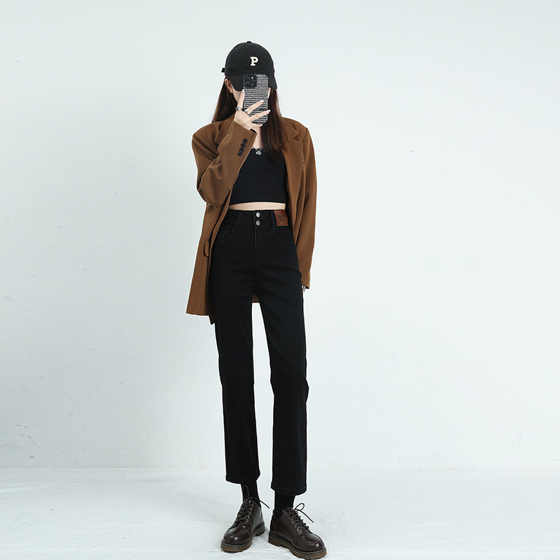 黑色直筒牛仔裤女九分薄绒烟管裤