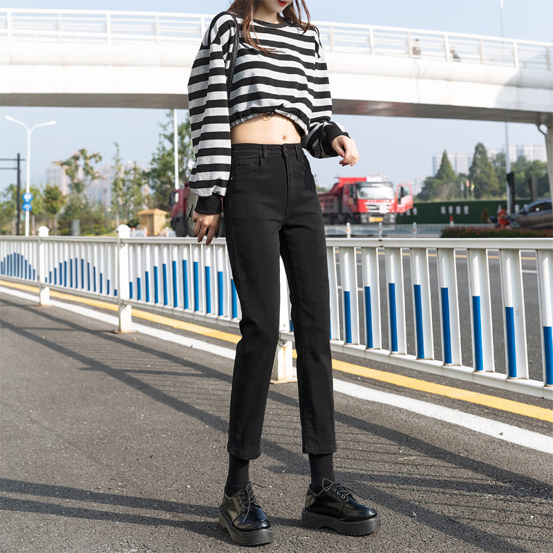 黑色牛仔裤女2025年秋冬新款宽松高腰修身显瘦直筒百搭九分烟管裤