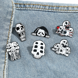万圣节恐怖镂空骷髅头面具搞怪创意包包服饰品合金徽章扣胸针