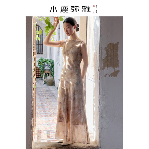 小鹿弥雅《醉花阴》系列原创新中式印花无袖连衣长裙夏