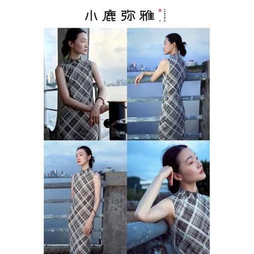 小鹿弥雅《书遥》原创设计新中式格纹收腰显瘦无袖旗袍长裙