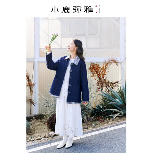 小鹿弥雅《春序》原创设计新中式翻领提花拼接牛仔外套春秋