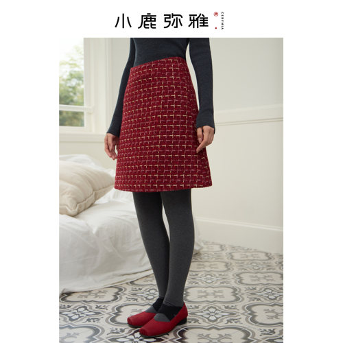 小鹿弥雅圣诞新年百搭毛呢高腰A字半身短裙小红裙秋冬