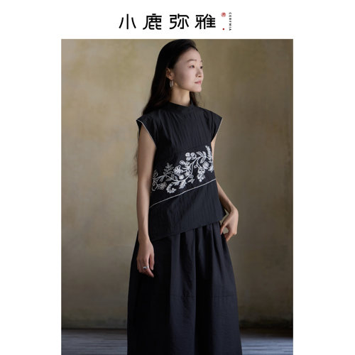 小鹿弥雅《花间渡》原创新中式刺绣拼接小飞袖显瘦宽松绑带上衣夏