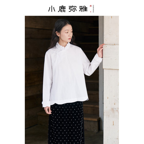 小鹿弥雅裱花新中式纯棉花边长袖白衬衫春