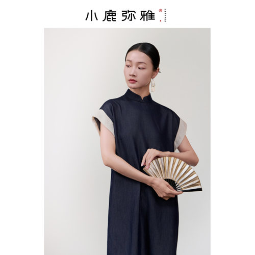 小鹿弥雅《丹青》系列原创新中式丹宁牛仔撞色旗袍短袖连衣裙春夏