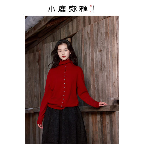 小鹿弥雅高领单排扣山羊绒针织开衫毛衣宽松秋冬