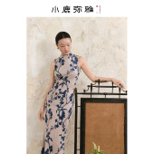 无袖 系列原创新中式 植绒显瘦旗袍连衣长裙夏 青花 小鹿弥雅
