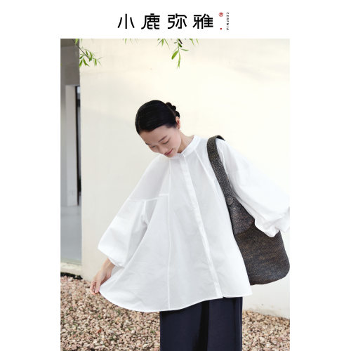 小鹿弥雅《观自在》系列新中式纯棉灯笼袖大摆白色衬衫春夏
