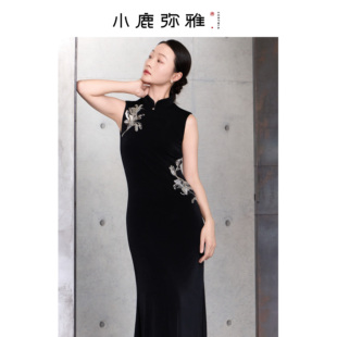 小鹿弥雅《两相欢》原创新中式珠绣醋酸针织无袖显瘦小黑裙连衣裙