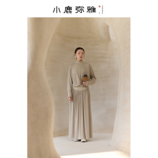 小鹿弥雅《流沙》原创新中式羊驼毛混纺羊腿袖扭结上衣半裙套装秋