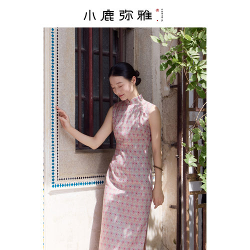 小鹿弥雅《花盈》原创新中式复古甜美收腰无袖显瘦旗袍连衣裙夏