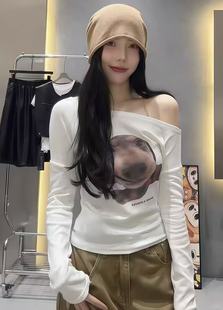 长袖 E念6122秋季 显瘦打底衫 小狗3D印花斜肩慵懒百搭修身 T恤女 新款