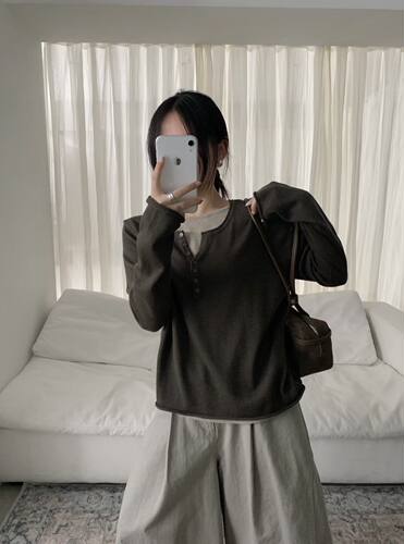 2026秋冬新款薄款假两件半开领长袖T恤女宽松百搭打底衫上衣6157