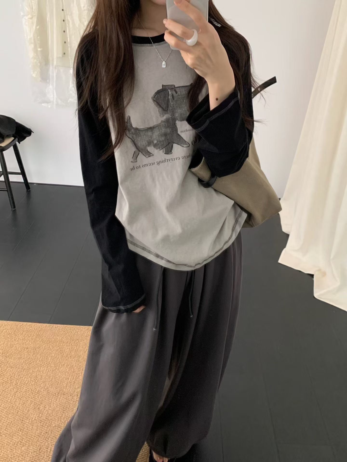 H-XL56518韩系新款圆领猫咪印花长袖T恤女宽松显瘦百搭休闲上衣女