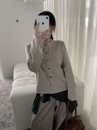 秋冬新款韩系温柔风小碎花外套女宽松百搭圆领外搭夹克上衣简约潮