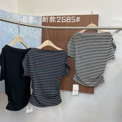E念2685夏季新款短袖一字肩条纹斜肩T恤女侧边褶皱显瘦上衣2025潮