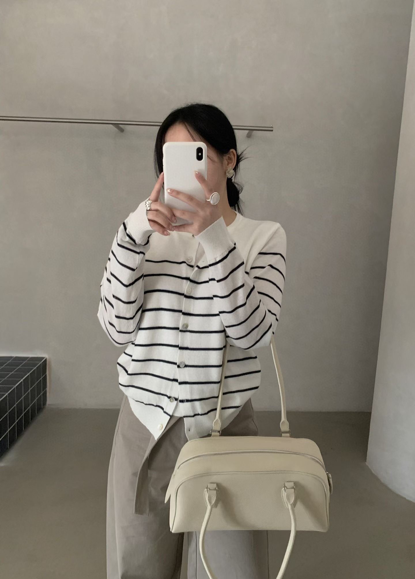 HXL韩系ins圆领条纹针织开衫女韩版简约百搭显瘦毛衣外套上衣358