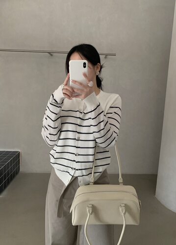 HXL韩系ins圆领条纹针织开衫女韩版简约百搭显瘦毛衣外套上衣358