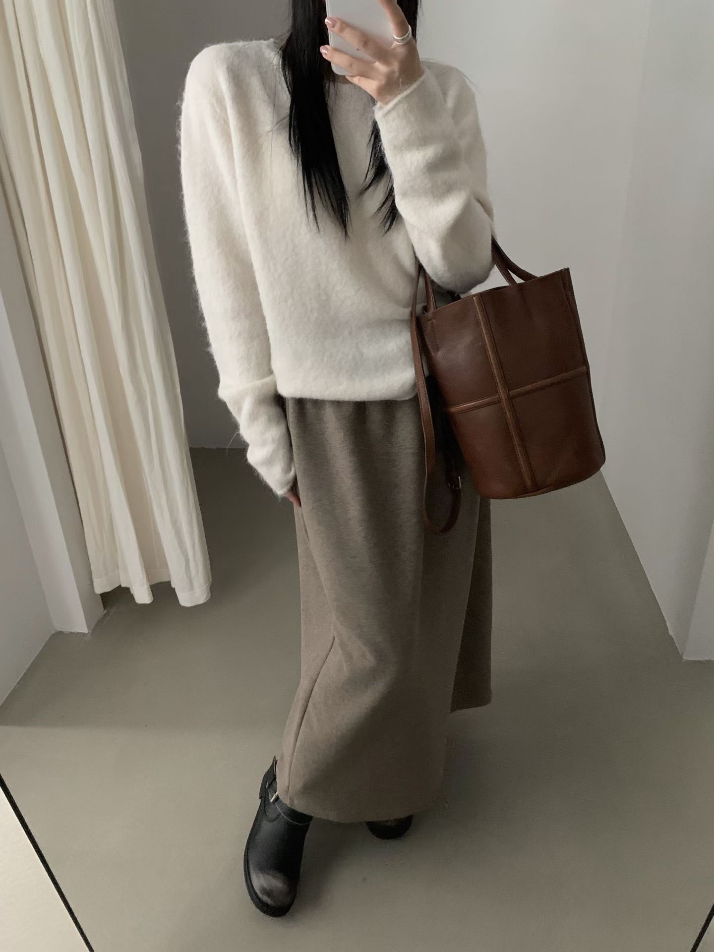 E念秋季韩系新款休闲宽松慵懒休闲风松紧后开叉直筒半身裙女66777