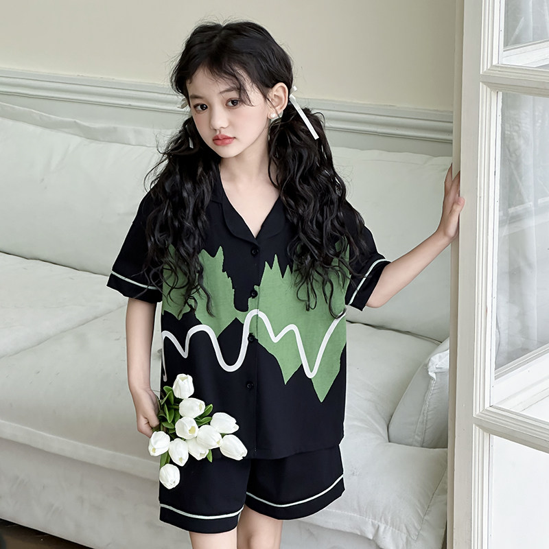 女童夏装睡衣2024新款洋气时髦薄款纯棉女孩短袖印花家居服套装潮